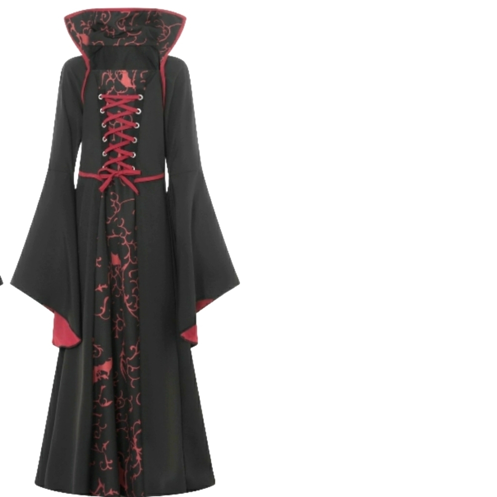 Goth Witch/Vampire Corset Gown w/Burgandy Bat Print Collar & Long  Sleeves SZ 12